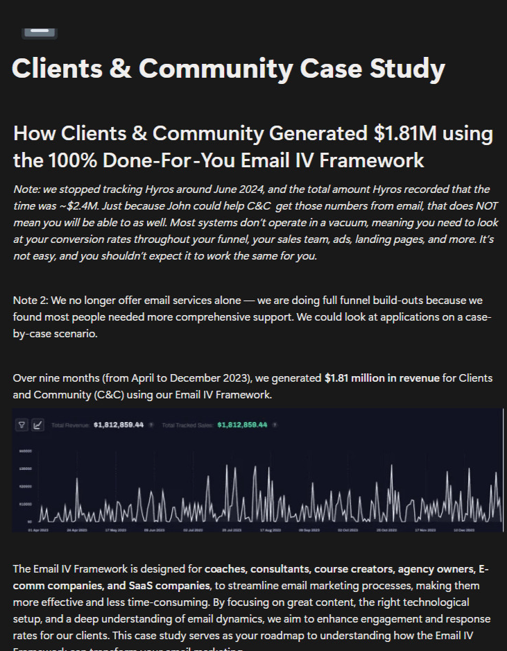 The engagement's published case study – Hyros dashboard included, with its own note that tracking stopped in June 2024 at ~$2.4M.