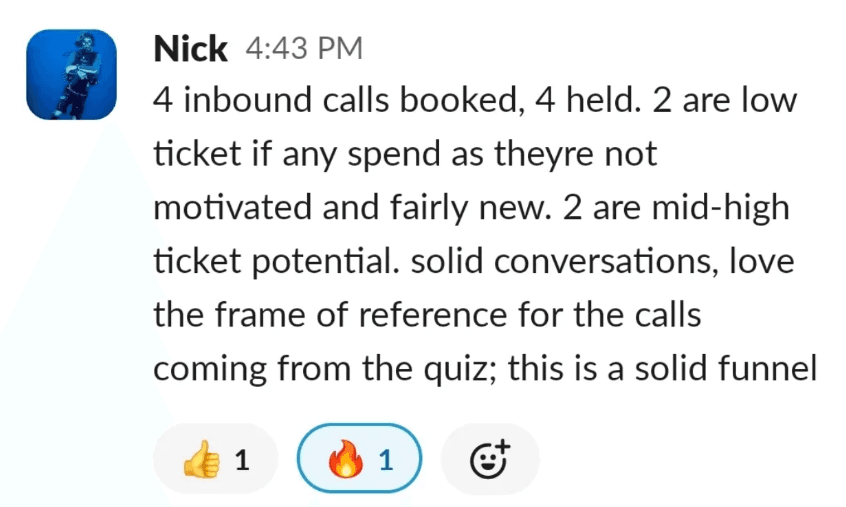 4 inbound calls booked & held off the quiz funnel